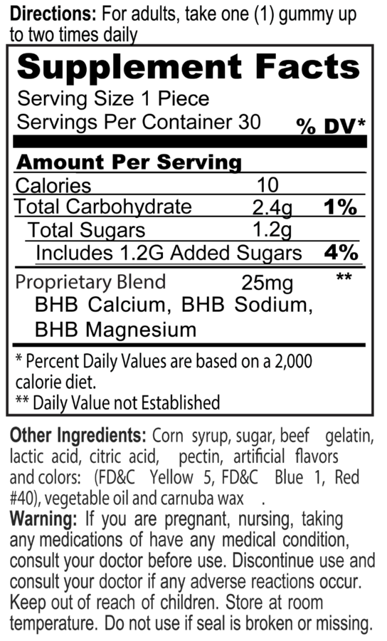 Keto supplement facts panel